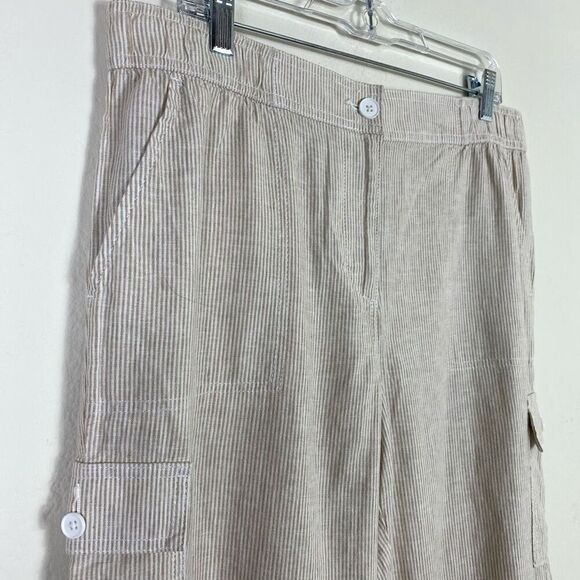 Talbots Tan & White Striped Linen Blend Cropped Ankle Cargo Pants Size 12 - Picture 3 of 5